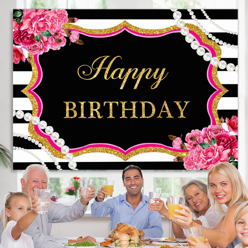 Lofaris Happy Birthday Floral Pearls Black White Backdrop for Party