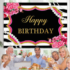 Lofaris Happy Birthday Floral Pearls Black White Backdrop for Party