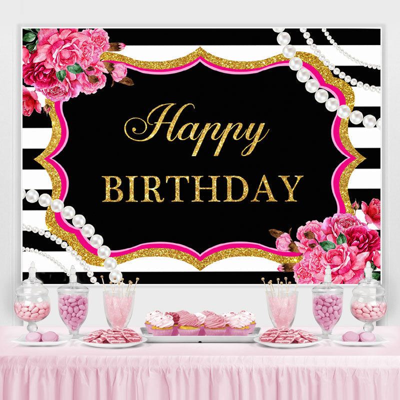Lofaris Happy Birthday Floral Pearls Black White Backdrop for Party
