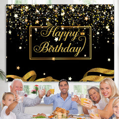 Lofaris Happy Birthday Gold Stars Glitter Ribbon Black Backdrop