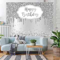 Lofaris Happy Birthday Silver Glitter Diamonds Backdrop for Party