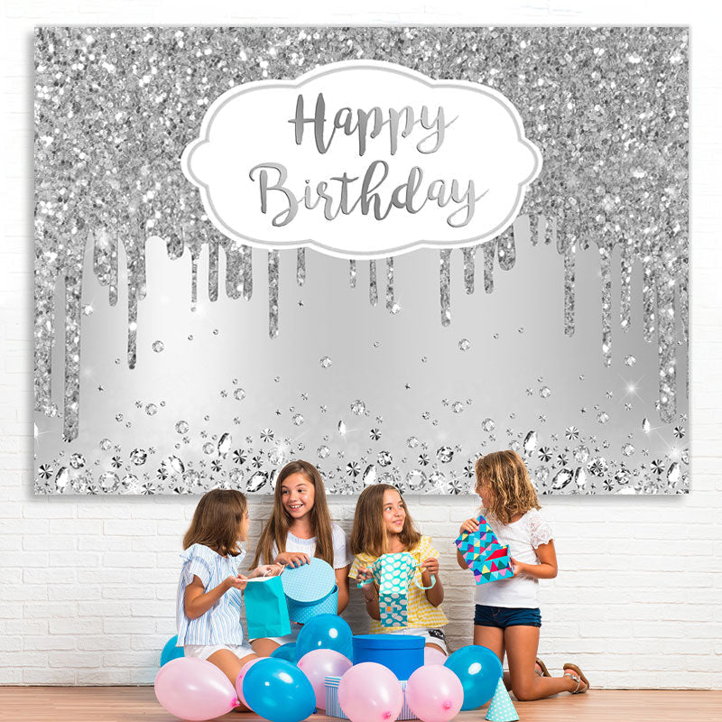Lofaris Happy Birthday Silver Glitter Diamonds Backdrop for Party