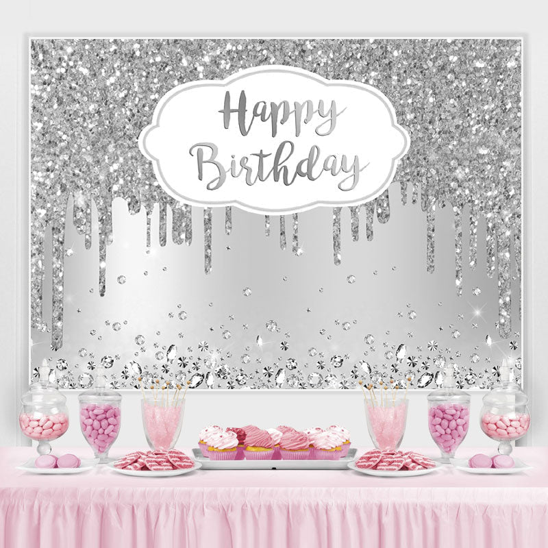 Lofaris Happy Birthday Silver Glitter Diamonds Backdrop for Party
