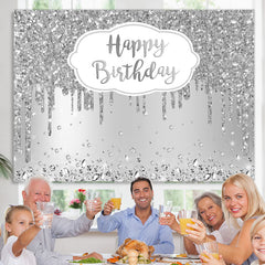 Lofaris Happy Birthday Silver Glitter Diamonds Backdrop for Party