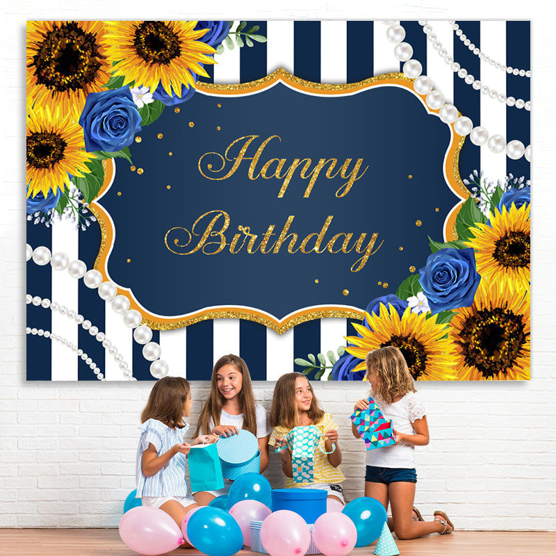 Lofaris Happy Birthday Sunflower Blue Rose Pearls Stripe Backdrop