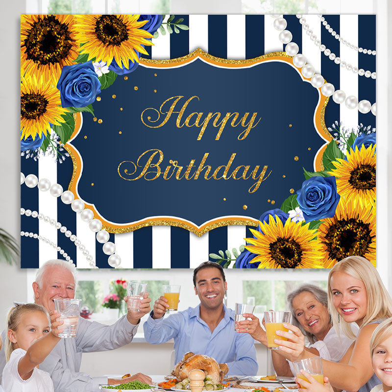Lofaris Happy Birthday Sunflower Blue Rose Pearls Stripe Backdrop