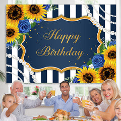Lofaris Happy Birthday Sunflower Blue Rose Pearls Stripe Backdrop