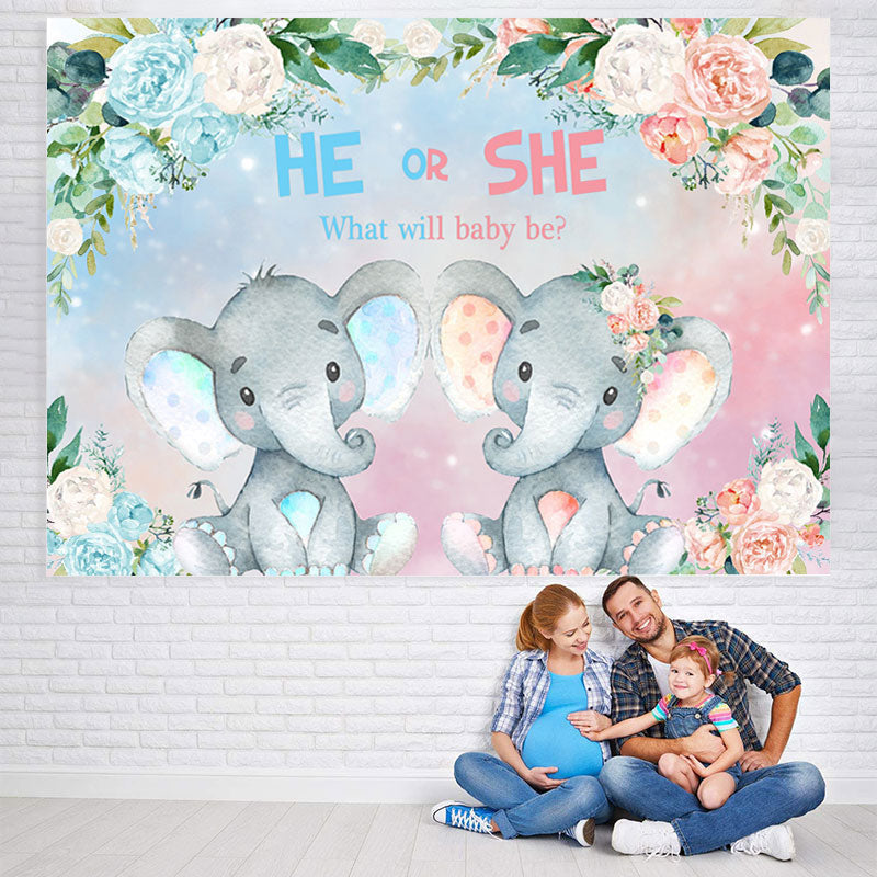 Lofaris He Or She Floral And Elephant Baby Shower Backdrop