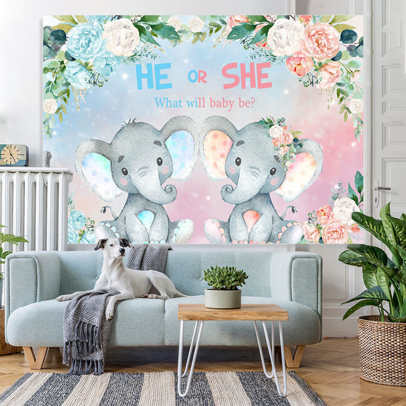 Lofaris He Or She Floral And Elephant Baby Shower Backdrop
