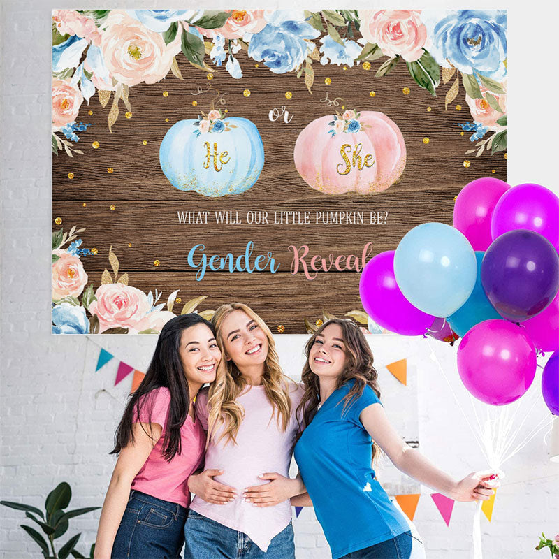 Lofaris He or She Floral and Pumpkins Wood Baby Shower Backdrop