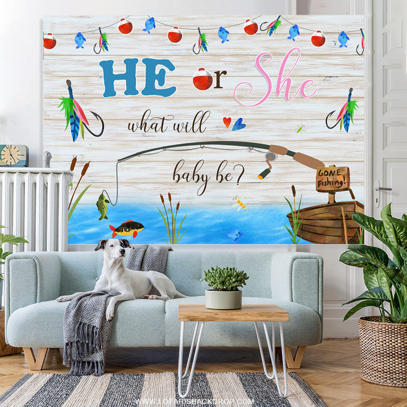 Lofaris He Or She Go Fishing Grey Wood Baby Shower Backdrop