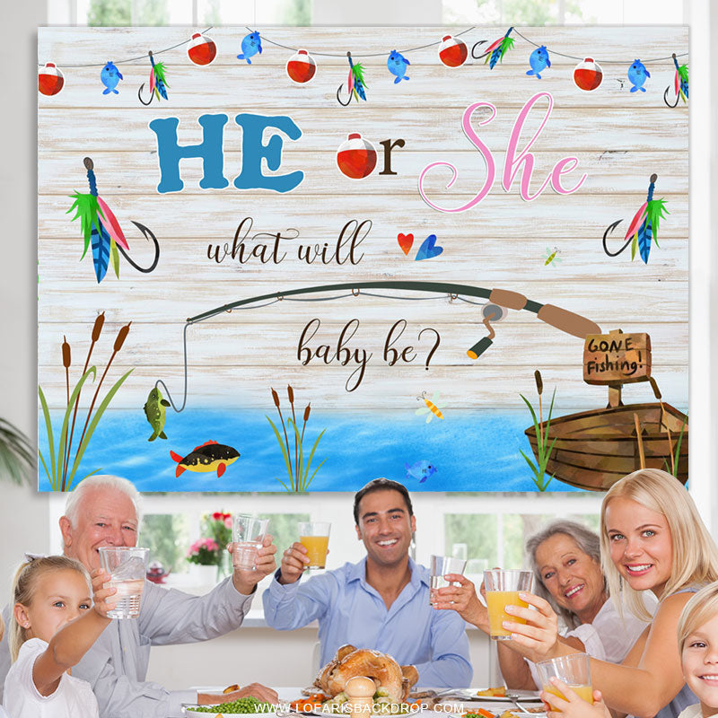 Lofaris He Or She Go Fishing Grey Wood Baby Shower Backdrop