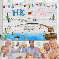 Lofaris He Or She Go Fishing Grey Wood Baby Shower Backdrop