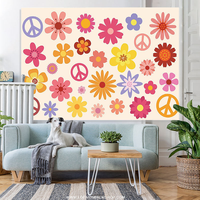 Lofaris Hippie Groovy Boho Flower Peace Logo Birthday Backdrop