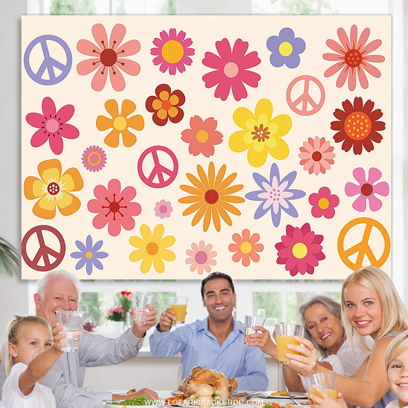 Lofaris Hippie Groovy Boho Flower Peace Logo Birthday Backdrop