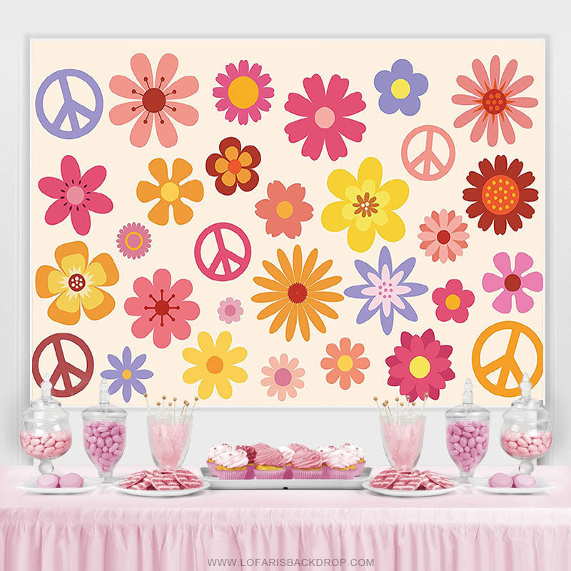 Lofaris Hippie Groovy Boho Flower Peace Logo Birthday Backdrop
