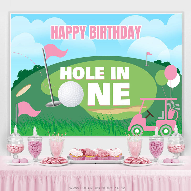Lofaris Hole In One Pink Balloon Happy Birthday Backdrop