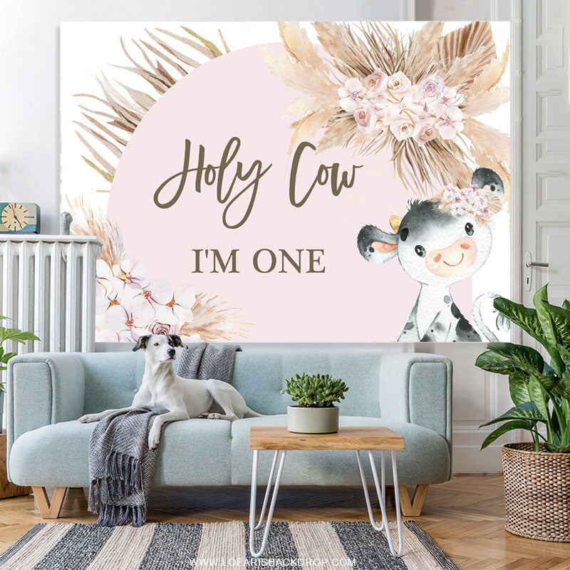 Lofaris Holy Cow Lovely Pink Happy 1St Birthday Backdrop