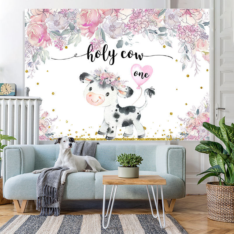 Lofaris Holy Cow One Pink Floral Baby 1St Birthday Backdrop