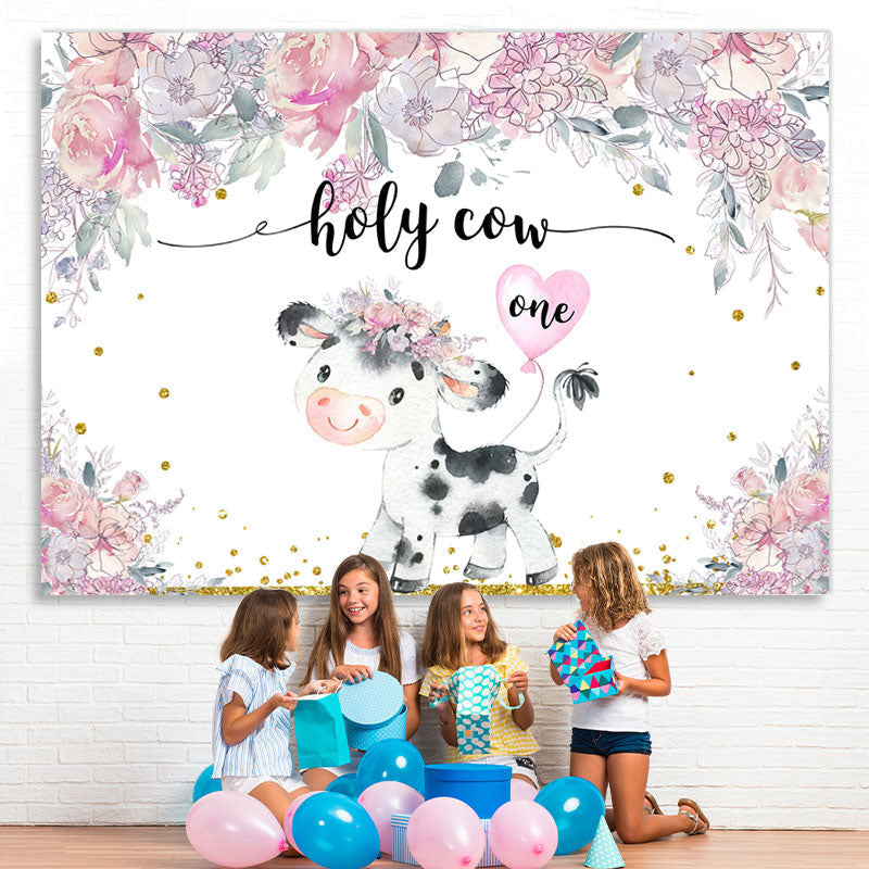 Lofaris Holy Cow One Pink Floral Baby 1St Birthday Backdrop