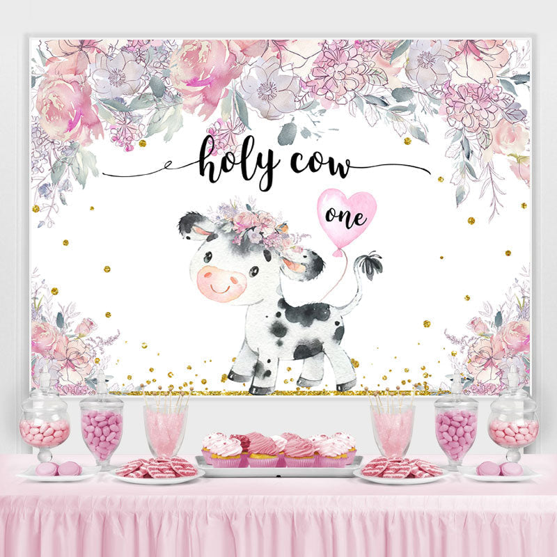Lofaris Holy Cow One Pink Floral Baby 1St Birthday Backdrop