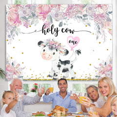 Lofaris Holy Cow One Pink Floral Baby 1St Birthday Backdrop