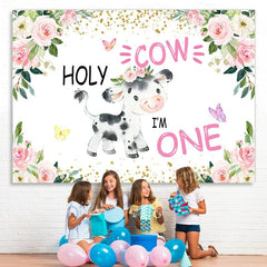 Lofaris Holy Cow Pink Floral Gold Glitter First Birthday Backdrop for Girl