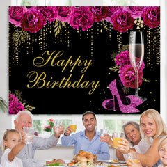 Lofaris Hot Pink Floral Gold Glitter Happy Birthday Backdrop