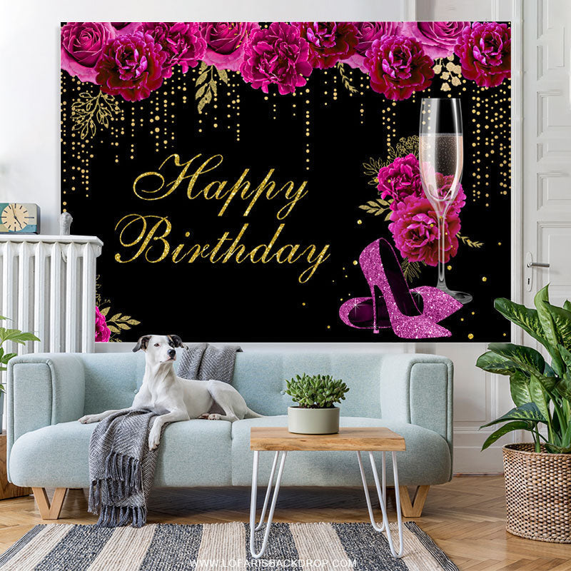 Lofaris Hot Pink Floral Gold Glitter Happy Birthday Backdrop