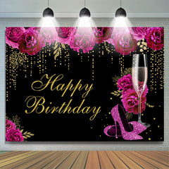 Lofaris Hot Pink Floral Gold Glitter Happy Birthday Backdrop
