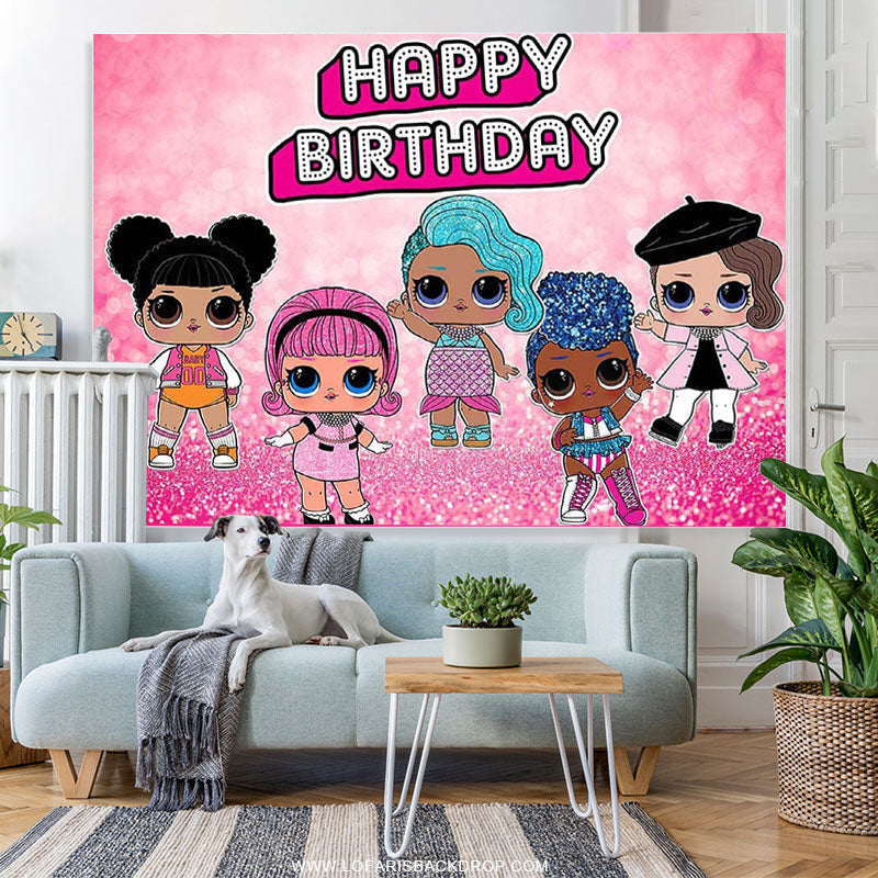 Lofaris Hot Pink Glitter Little Dolls Happy Birthday Backdrop