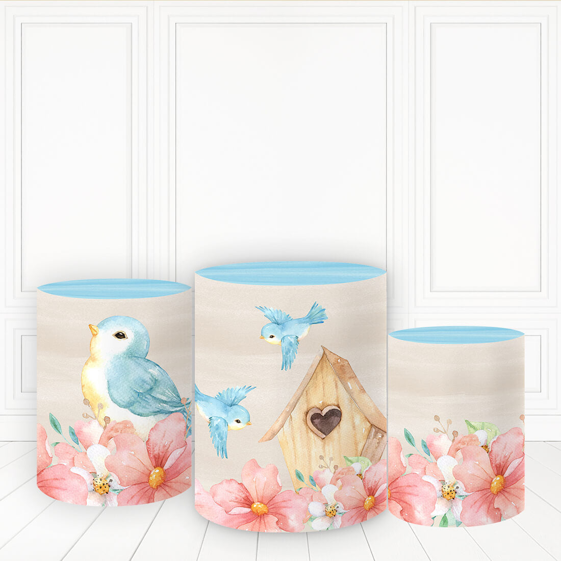 Lofaris House Blue Bird Pedestal Cover Pink Flower Cake Table