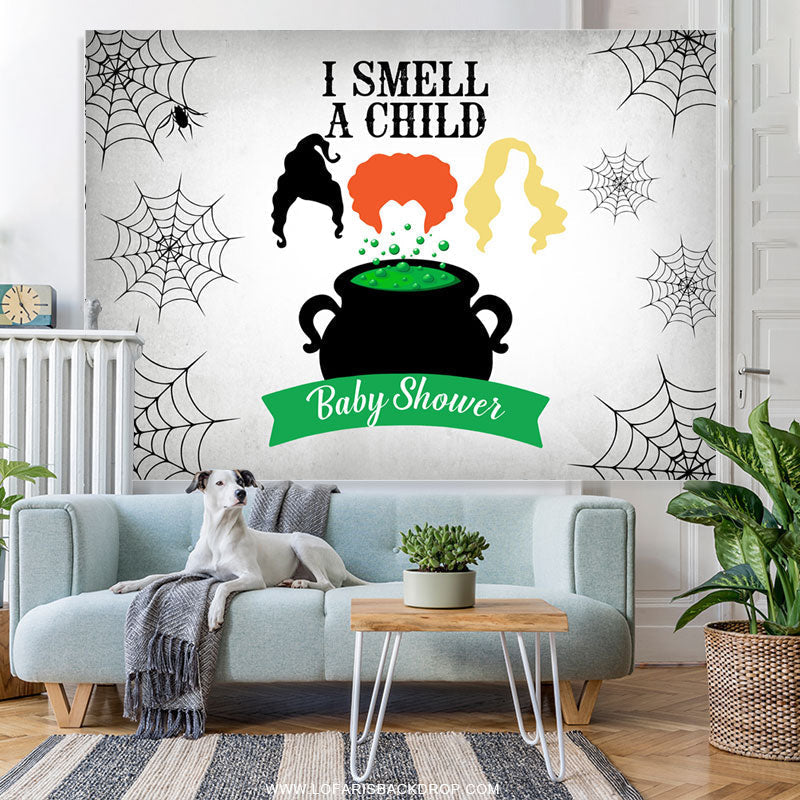 Lofaris I Smell A Child Halloween Grey Baby Shower Backdrop