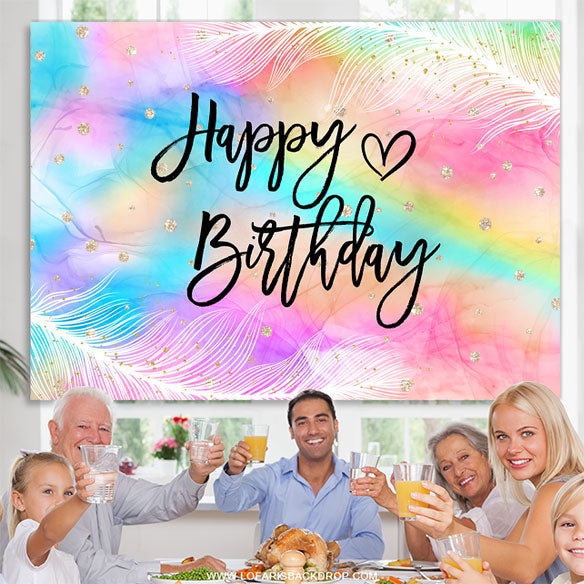 Lofaris Iridescent Feather Happy Birthday Backdrop For Girl