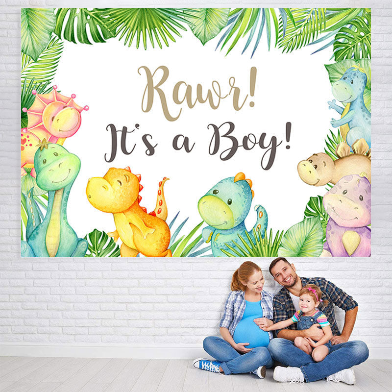Lofaris Its A Baby Dinosaur Green Leaves Cartoon Backdrop for Shower