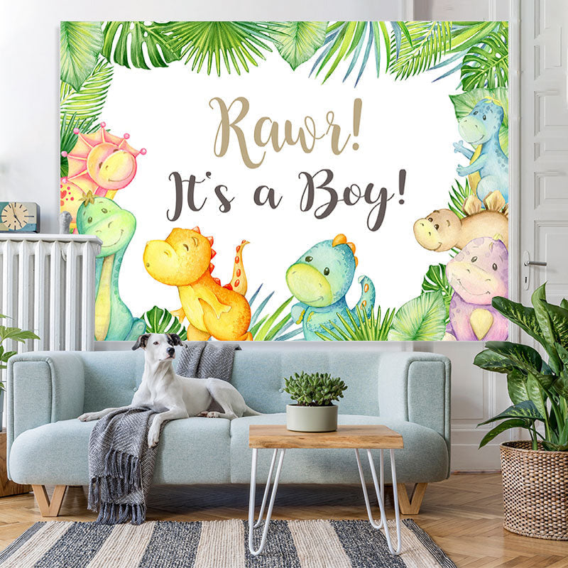 Lofaris Its A Baby Dinosaur Green Leaves Cartoon Backdrop for Shower