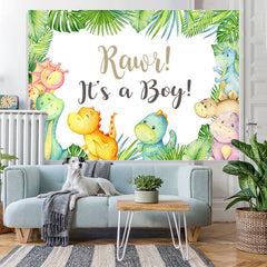Lofaris Its A Baby Dinosaur Green Leaves Cartoon Backdrop for Shower