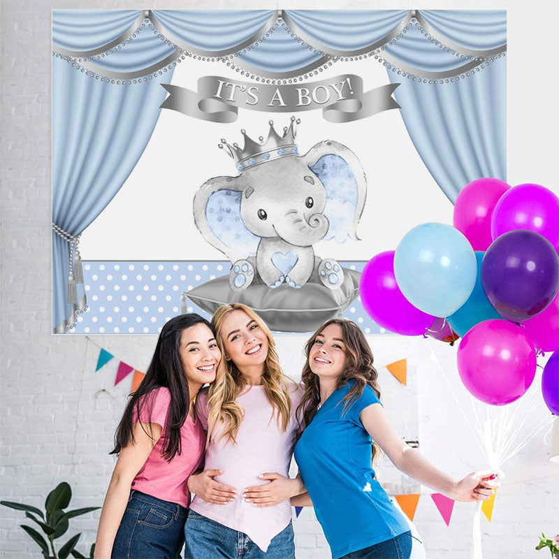 Lofaris Its A Boy Blue Curtain Elephant Dots Baby Shower Backdrop