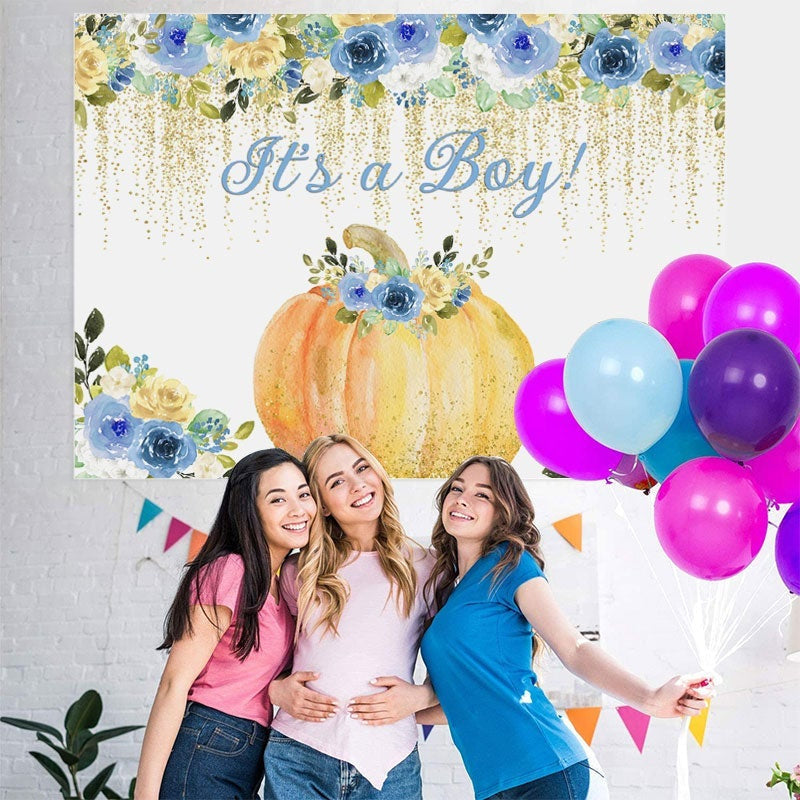Lofaris Its a Boy! Blue flowers pumpkin baby shower Backdrop