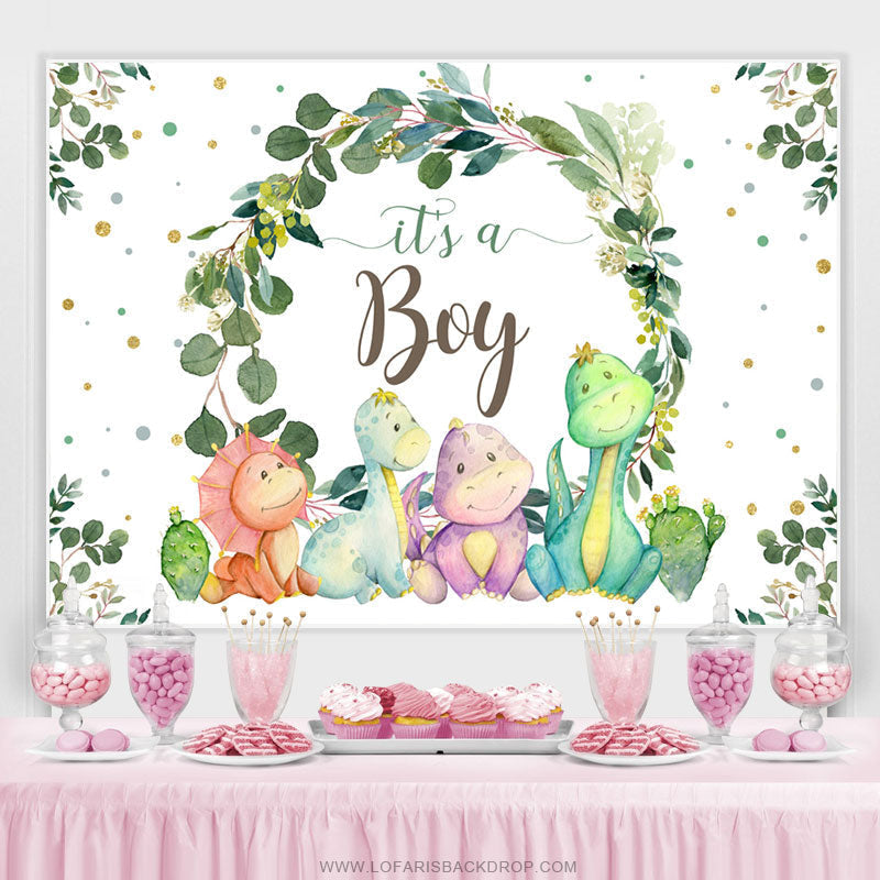 Lofaris Its A Boy Green Leaves And Dinosaur Baby Shower Backdrop