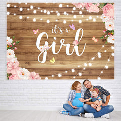 Lofaris Its A Girl Pink Camellia Butterfly Baby Shower Backdrop