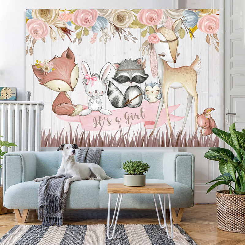 Lofaris Its A Girl Pink Floral Cute Animal Backdrop for Baby Shower