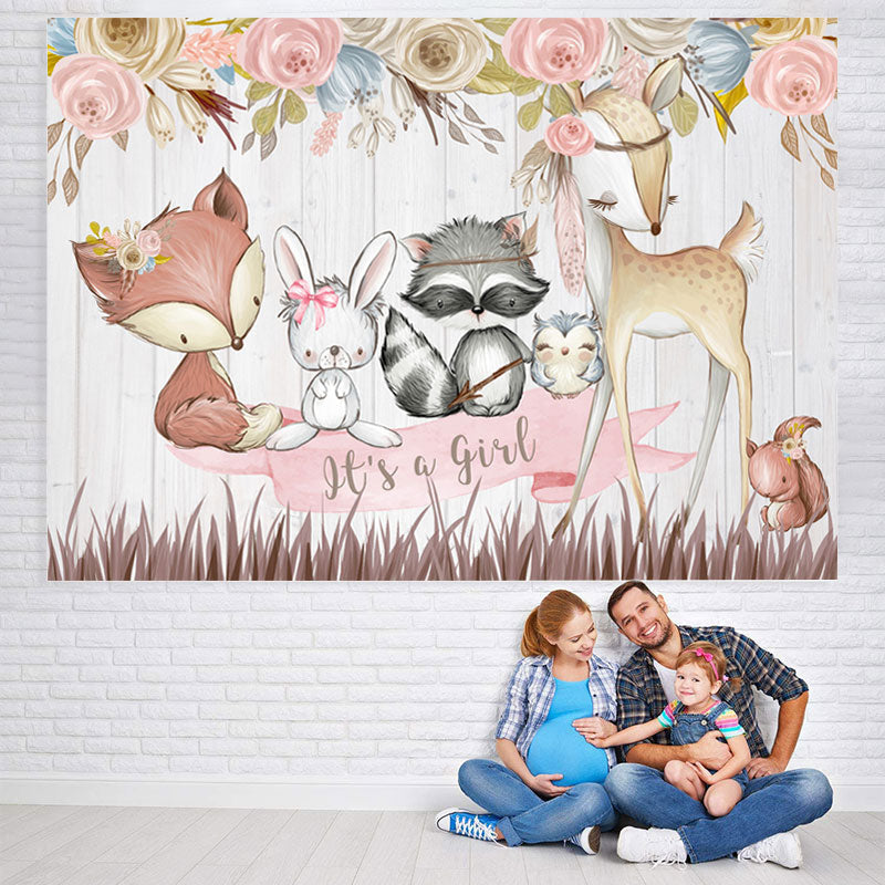 Lofaris Its A Girl Pink Floral Cute Animal Backdrop for Baby Shower