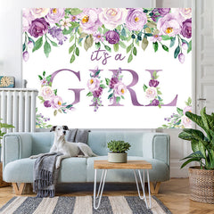 Lofaris Its A Girl Purple Floral Baby Shower Backdrop for Party
