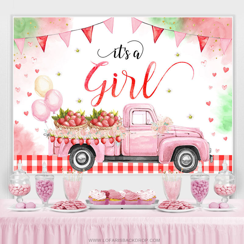 Lofaris Its A Girl Strawberry Pink Truck Baby Shower Backdrop