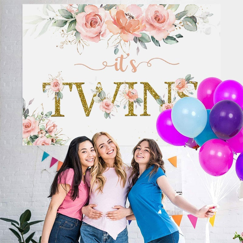 Lofaris Its Twins Pink Florals Baby Shower Backdrop for Girl