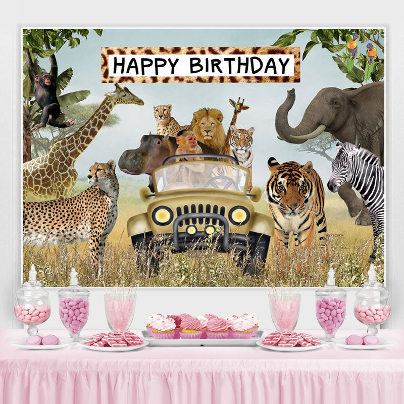 Lofaris Jungle Animals Happy Birthday Wildlife Backdrop for Boys