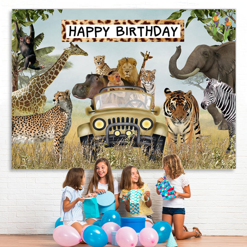Lofaris Jungle Animals Happy Birthday Wildlife Backdrop for Boys