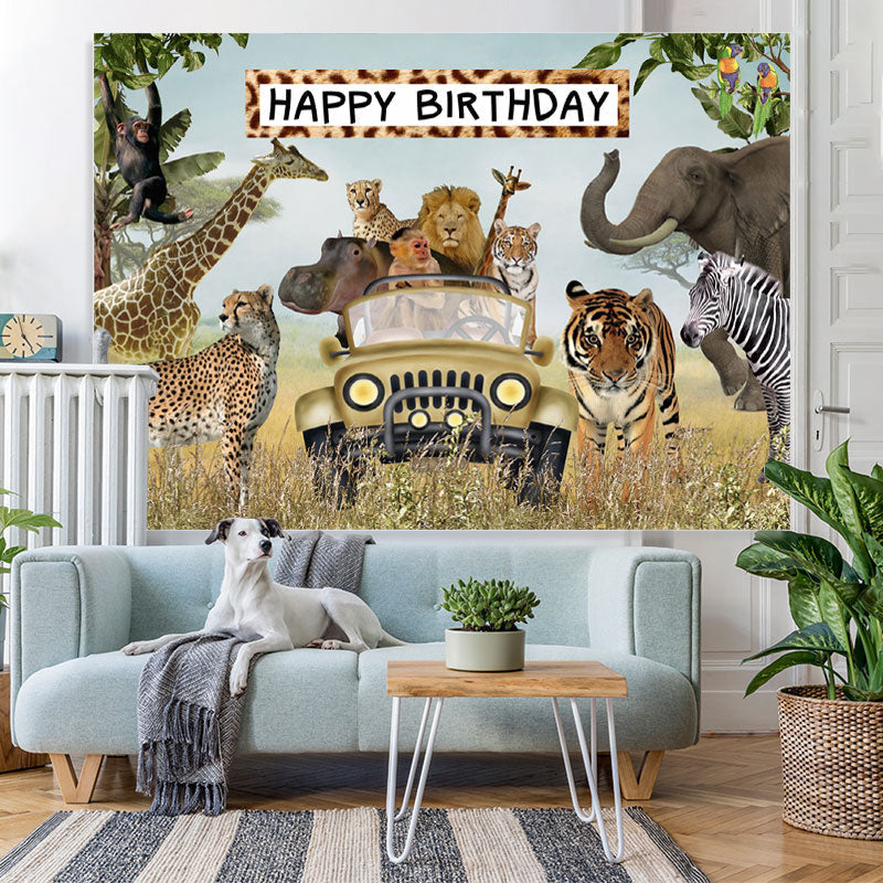 Lofaris Jungle Animals Happy Birthday Wildlife Backdrop for Boys