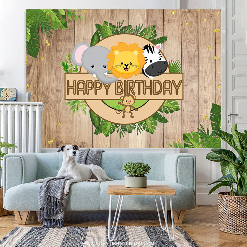 Lofaris Jungle Cute Animals Khaki Wooden Backdrop For Birthday